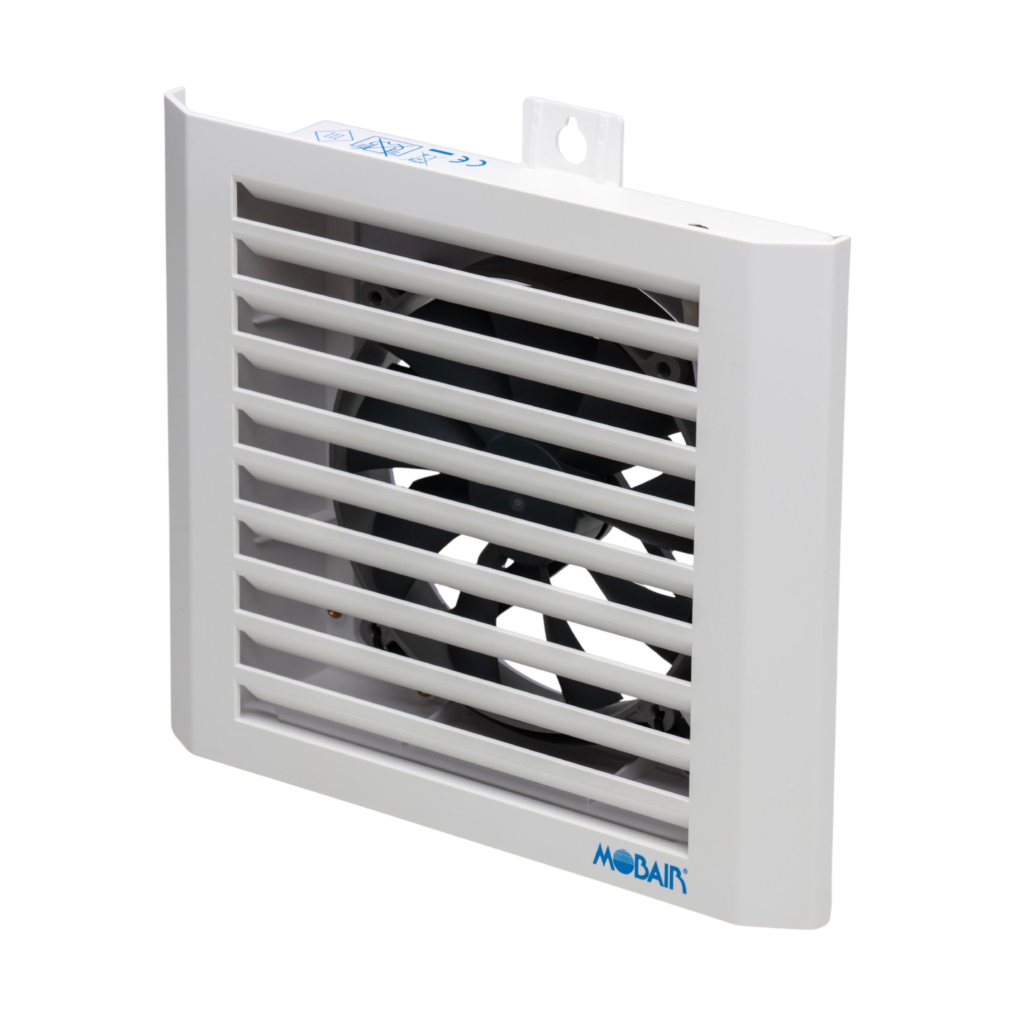 Angle view of the Mobair Out exhaust fan in white.
