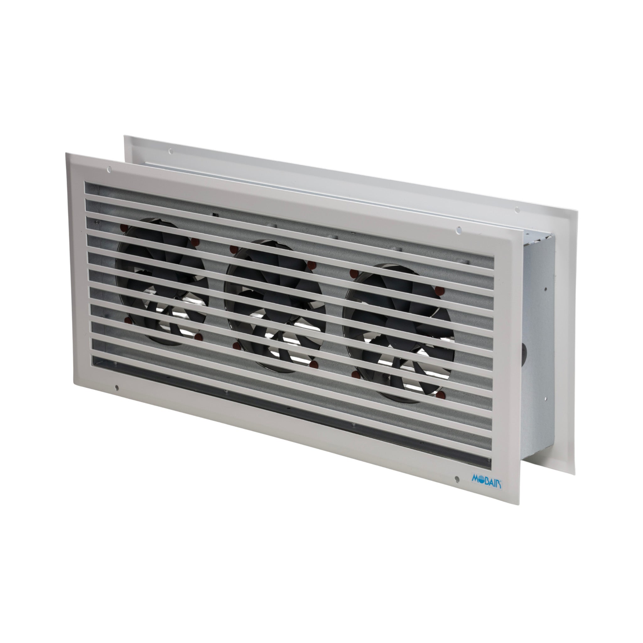 Back angle view of the Mobair Room 2 Room heat transfer fan in white.