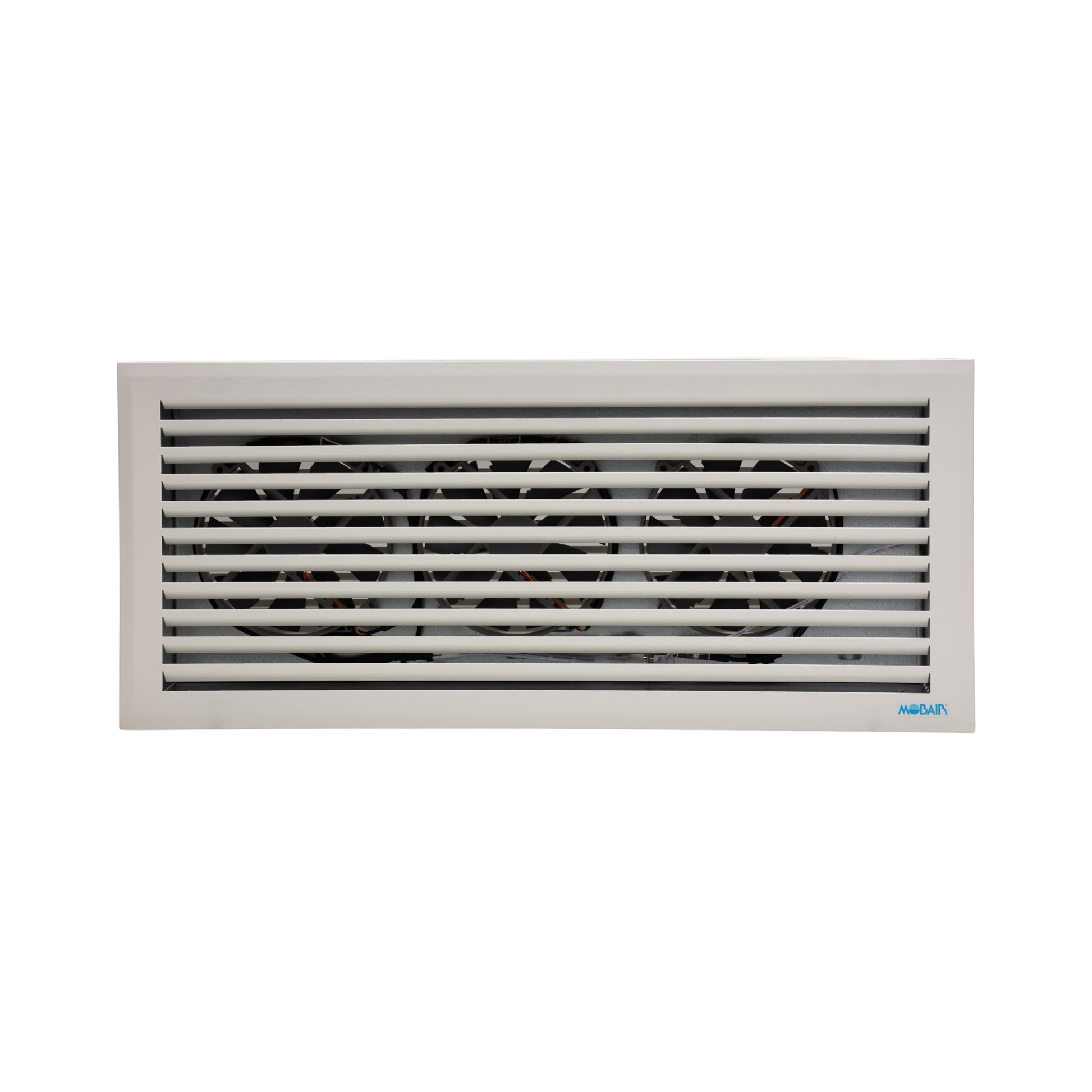 Front view of the Mobair Room 2 Room heat transfer fan in white.
